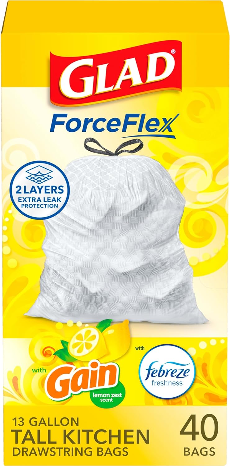 Glad Tall Kitchen Drawstring Trash Bags - Odorshield 13 Gallon White Trash Bag, Febreze Fresh Clean, 110 Count