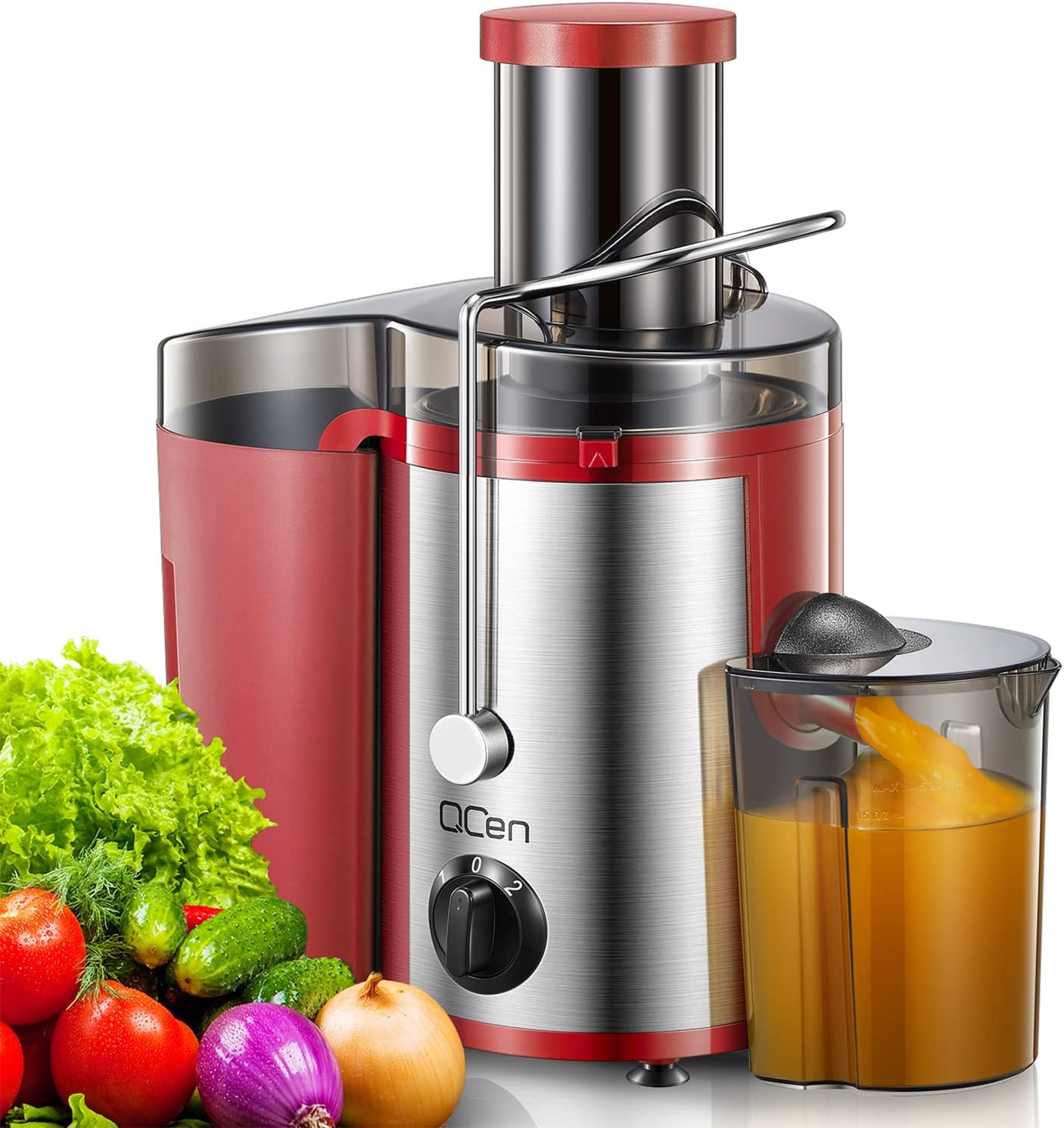 Qcen Juicer Machine, 800W Centrifugal Juicer Extractor with Wide Mouth 3” Feed Chute for Fruit Vegetable, Easy to Clean, Stainless Steel, BPA-free (Black)