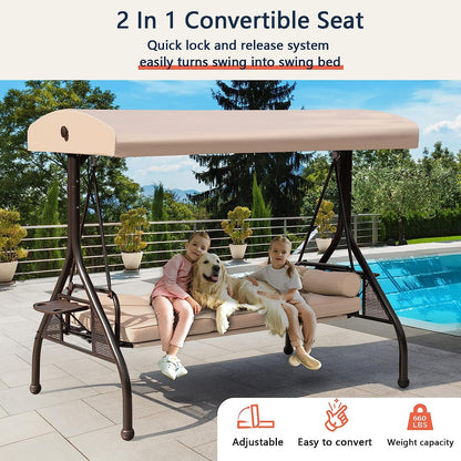 NOBLEMOOD Patio Porch Swing, 3-Seat Outdoor Swing with Adjustable Canopy, Thickened Cushion, Pillow and Foldable Side Tray for Patio, Backyard, Porch Swing Bed for Spring(Khaki)