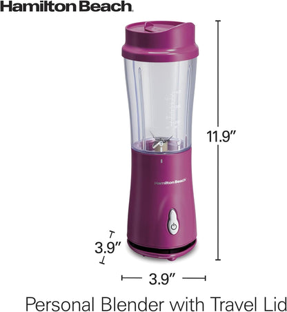 Hamilton Beach Portable Blender for Shakes and Smoothies with 14 Oz BPA Free Travel Cup and Lid, Durable Stainless Steel Blades for Powerful Blending Performance, Raspberry (51131)