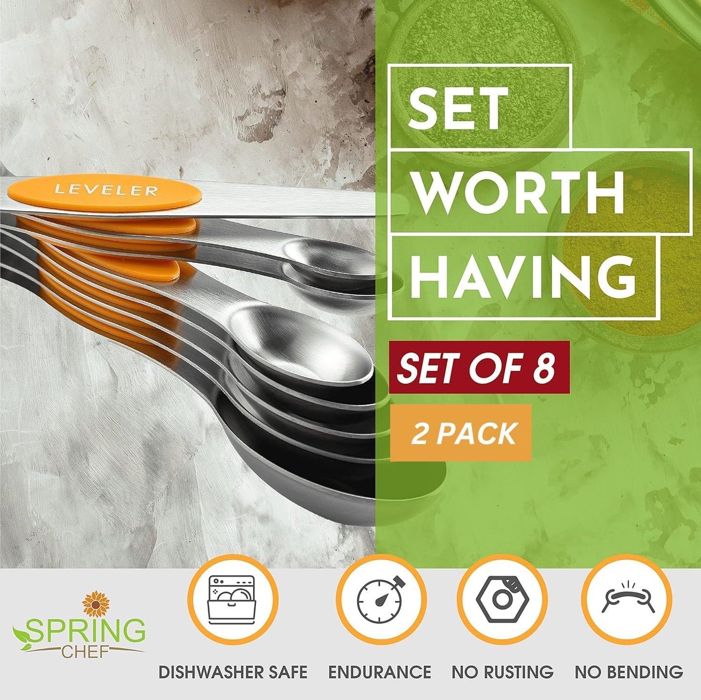 Spring Chef Magnetic Measuring Spoons Set with Strong N45 Magnets, Heavy Duty Stainless Steel Metal, Fits in Most Kitchen Spice Jars for Baking & Cooking, BPA Free, Black, Set of 8 with Leveler