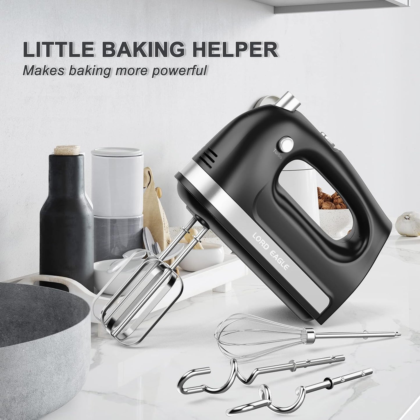 Lord Eagle Hand Mixer Electric, 400W Power handheld Mixer for Baking Cake Egg Cream Food Beater, Turbo Boost/Self-Control Speed + 5 Speed + Eject Button + 5 Stainless Steel Accessories (White)