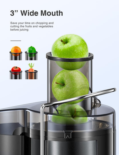 Qcen Juicer Machine, 800W Centrifugal Juicer Extractor with Wide Mouth 3” Feed Chute for Fruit Vegetable, Easy to Clean, Stainless Steel, BPA-free (Black)