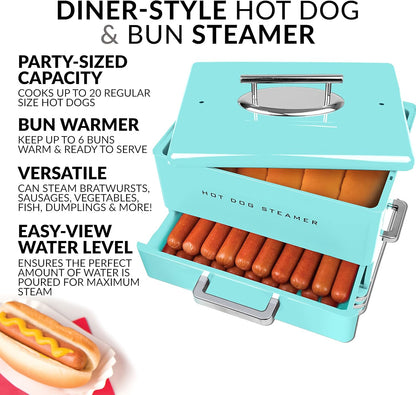 Nostalgia Extra Large Diner-Style Coca-Cola Hot Dog Steamer and Bun Warmer, 24 Hot Dog and 12 Bun Capacity, Steam Bratwursts, Sausages, Vegetables, Fish, Dumplings, Red