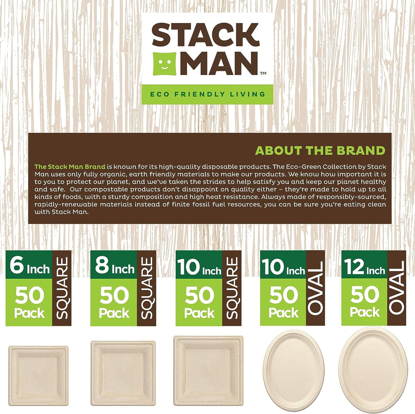 Paper Plates, 100% Compostable Heavy Duty Disposable Plate - [125-Pack] - {PFAS-Free} - {BPI Certified} - [9 Inch] Eco-Friendly, Biodegradable Bagasse Natural Brown 9" Dinner Plates - By Stack Man