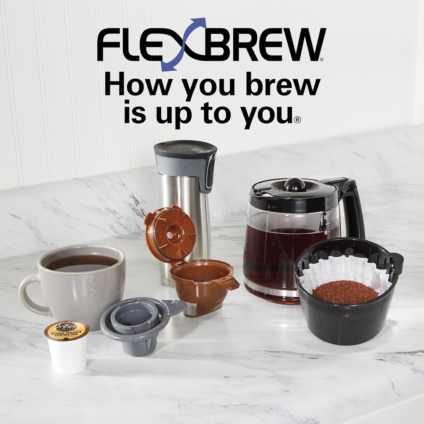 Hamilton Beach FlexBrew Trio 2-Way Coffee Maker, Compatible with K-Cup Pods or Grounds, Combo, Single Serve & Full 12c Pot, Black - Fast Brewing (49902)