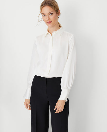 Petite Collared Shirred Yoke Button Down Shirt