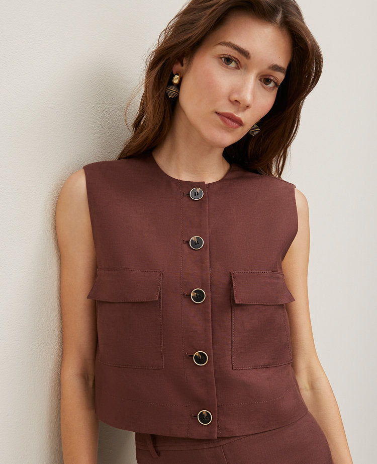 Linen Blend Patch Pocket Vest
