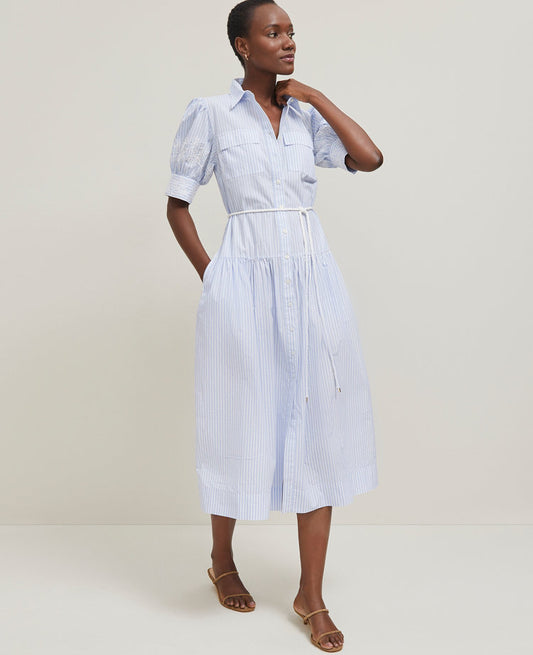 Embroidered Trim Striped Shirtdress