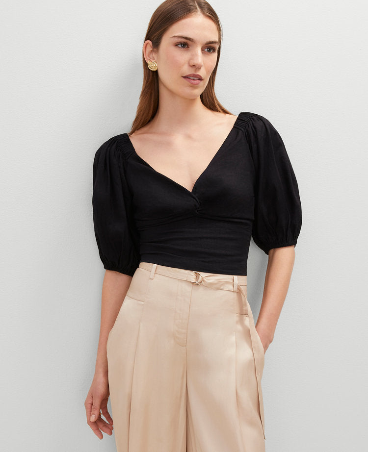 Linen Blend Knotted Tie Back Blouse