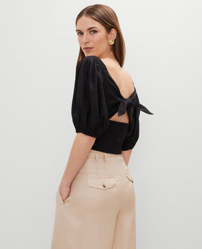 Linen Blend Knotted Tie Back Blouse