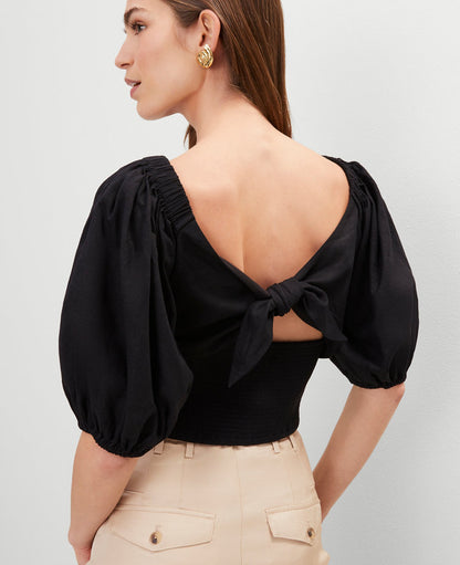 Linen Blend Knotted Tie Back Blouse