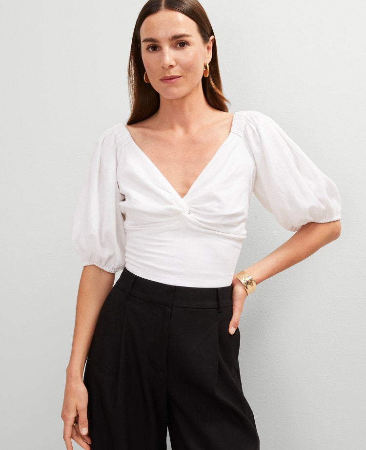 Linen Blend Knotted Tie Back Blouse