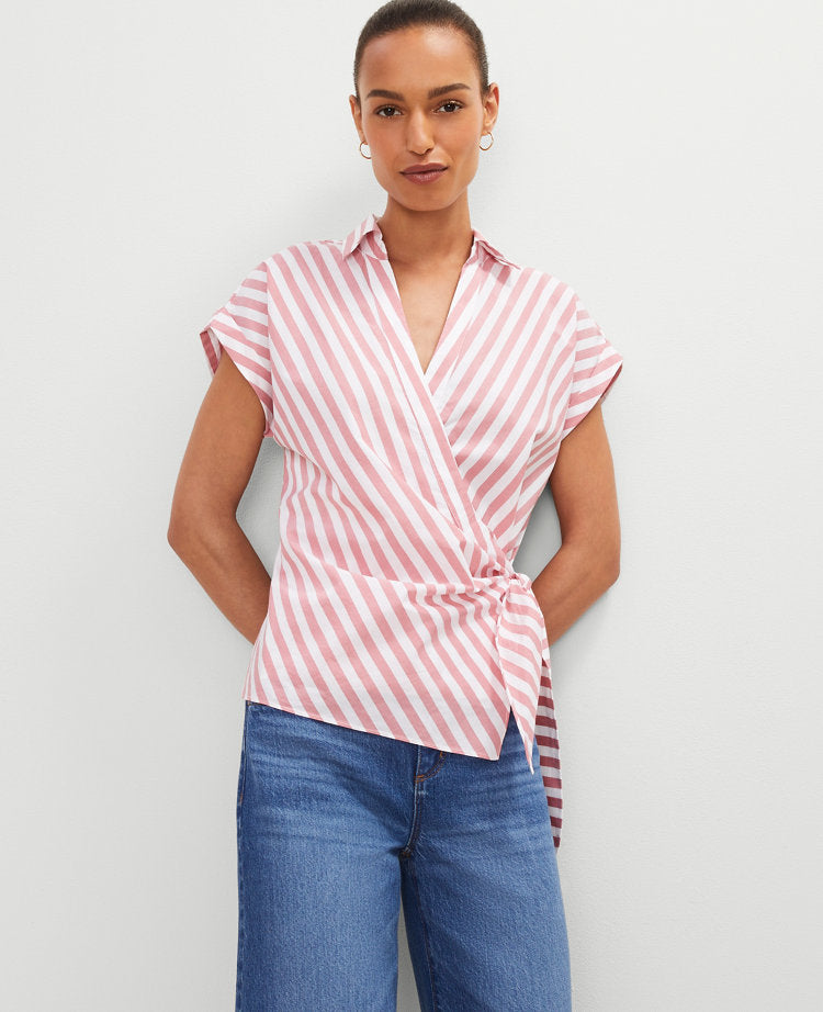 Striped Collared Tie Waist Top