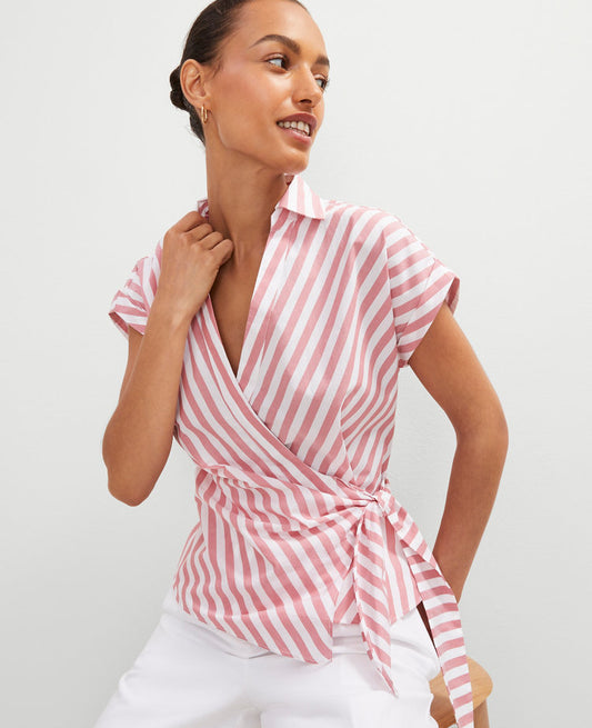 Striped Collared Tie Waist Top