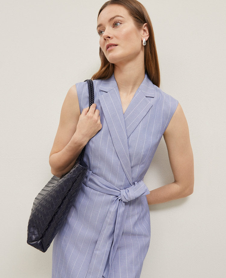The Belted Blazer Wrap Dress in Pinstripe