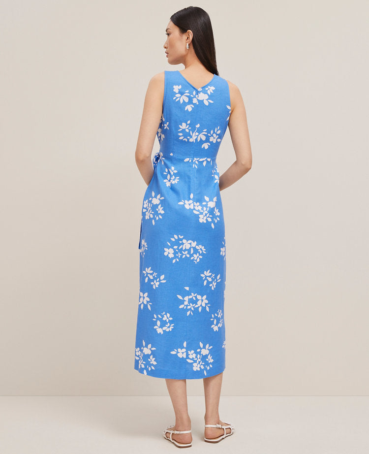 Floral Linen Blend V-Neck Wrap Dress