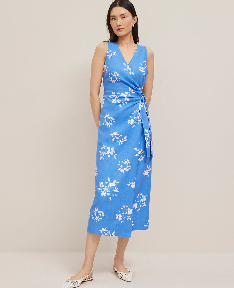 Floral Linen Blend V-Neck Wrap Dress
