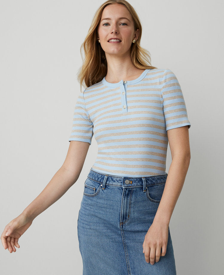 Weekend Collection Striped Ribbed Henley Top