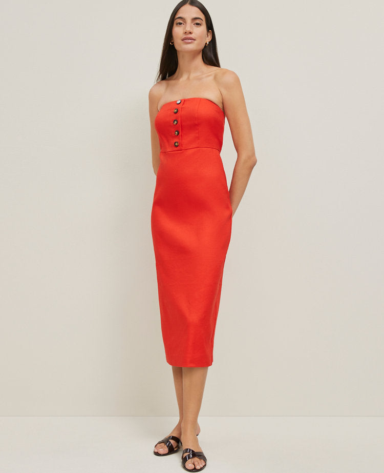 The Buttoned Strapless Dress in Linen Blend