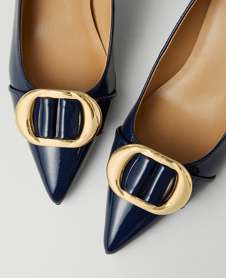 Pointy Toe Patent Buckle Pumps