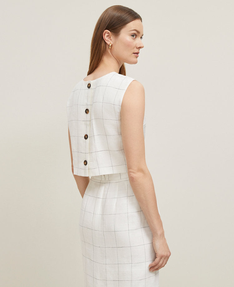 The Button Back Cropped Top in Windowpane Linen Blend