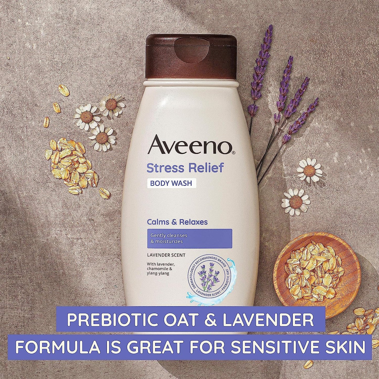 Aveeno Stress Relief Body Wash with Soothing Oat for Sensitive Skin, Lavender Body Wash to help you feel Calm and Relaxed, Sulfate-Free, 33 FL OZ