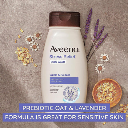 Aveeno Stress Relief Body Wash with Soothing Oat for Sensitive Skin, Lavender Body Wash to help you feel Calm and Relaxed, Sulfate-Free, 33 FL OZ