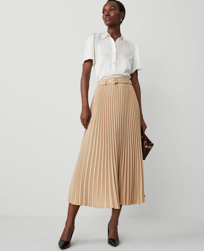 Belted Pleated Midi Skirt