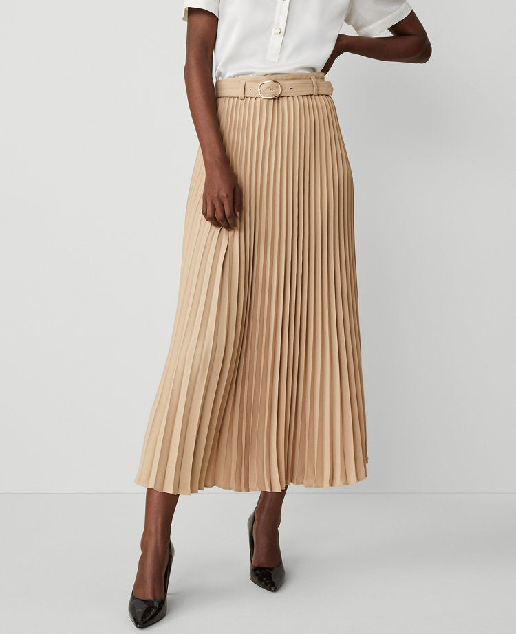 Belted Pleated Midi Skirt