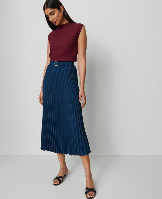 Belted Pleated Midi Skirt