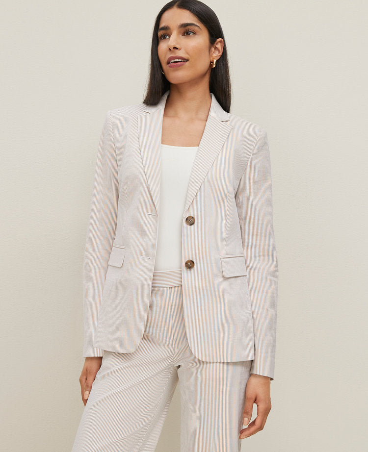 The Long Notched Two Button Blazer in Seersucker