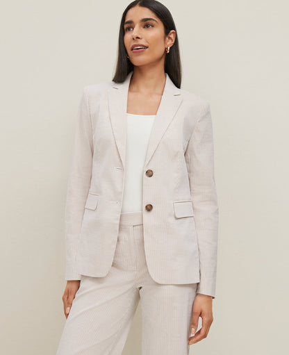 The Long Notched Two Button Blazer in Seersucker