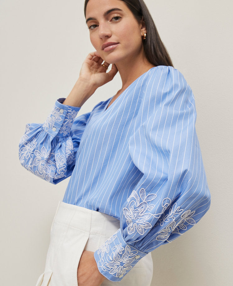Striped Embroidered V-Neck Popover
