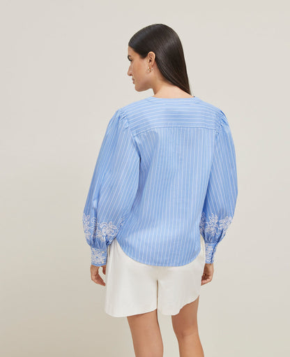 Striped Embroidered V-Neck Popover