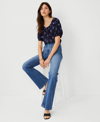 Petite High Rise Patch Pocket Flare Jeans in Bright Medium Stone Wash