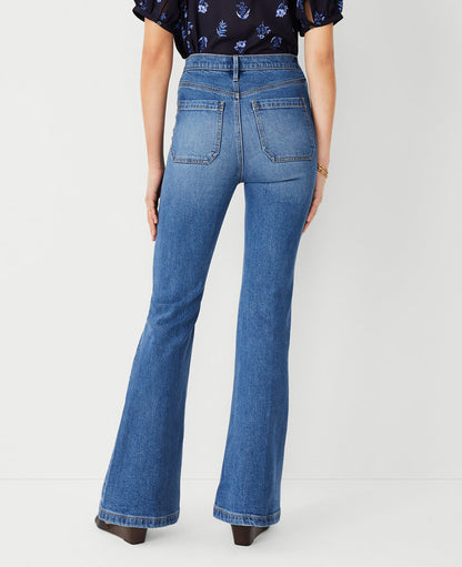 Petite High Rise Patch Pocket Flare Jeans in Bright Medium Stone Wash