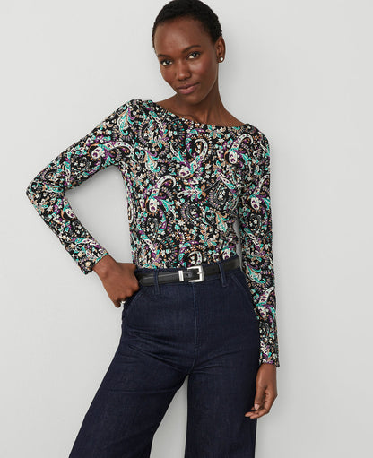 Paisley Button Cuff Boatneck Top
