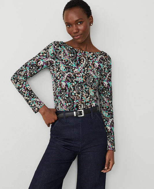 Paisley Button Cuff Boatneck Top