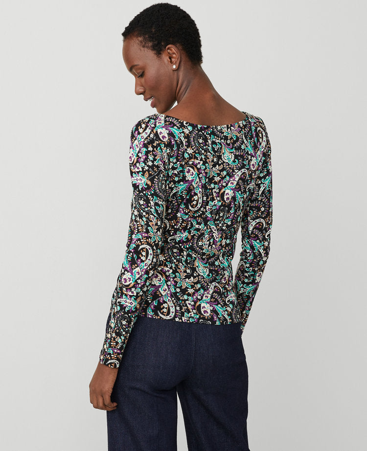 Paisley Button Cuff Boatneck Top