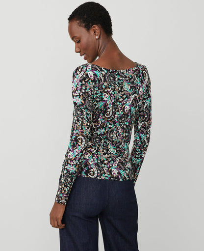 Paisley Button Cuff Boatneck Top
