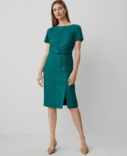 Tweed Belted Button Midi Sheath Dress