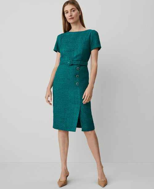Tweed Belted Button Midi Sheath Dress