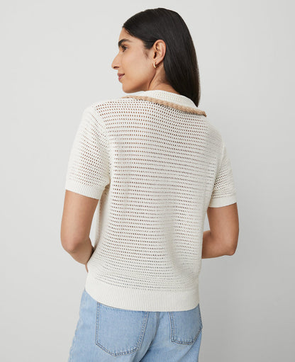 Contrast Trim Crochet-Collar Tee