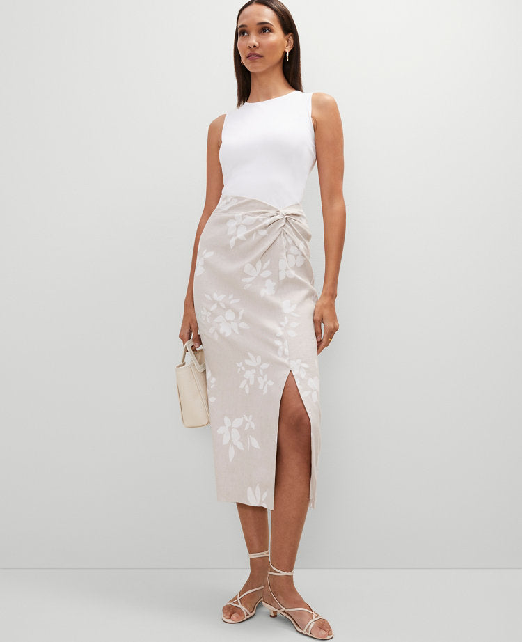 Knotted Linen Blend Pencil Skirt