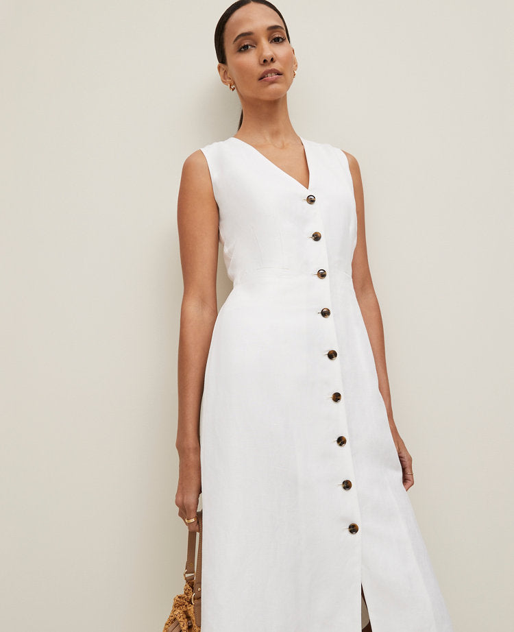 Linen Blend V-Neck Shirtdress