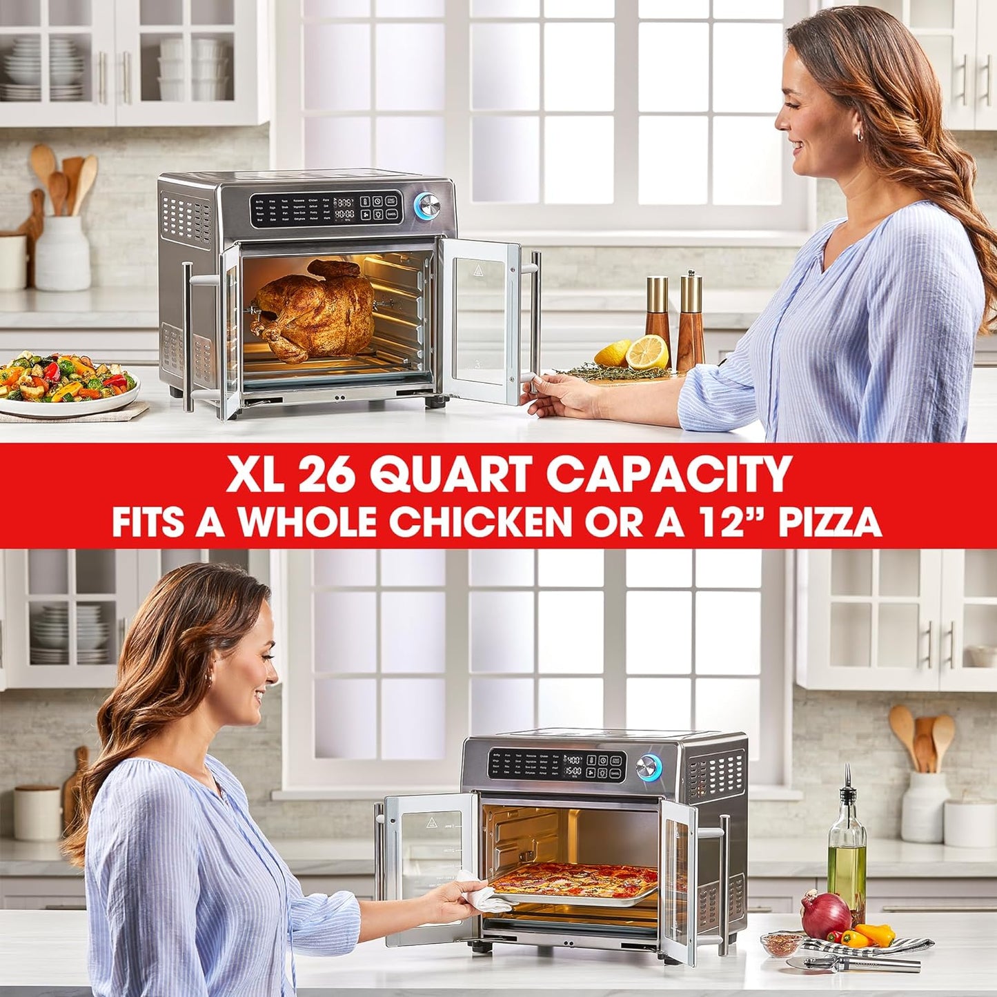 Emeril Lagasse Extra Large French Door Air Fryer Toaster Oven Combo, 25 Cooking Functions and Digital Controls, 7 Accessories Included, Stainless Steel Finish, 26QT Capacity