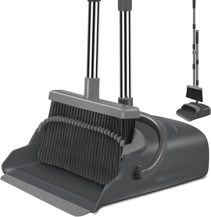 kelamayi Upgrade Stand Up Broom and Dustpan Set, Self-Cleaning with Dustpan Teeth, Ideal for Dog Cat Pets Home Use, Super Long Handle (Gray&Orange)