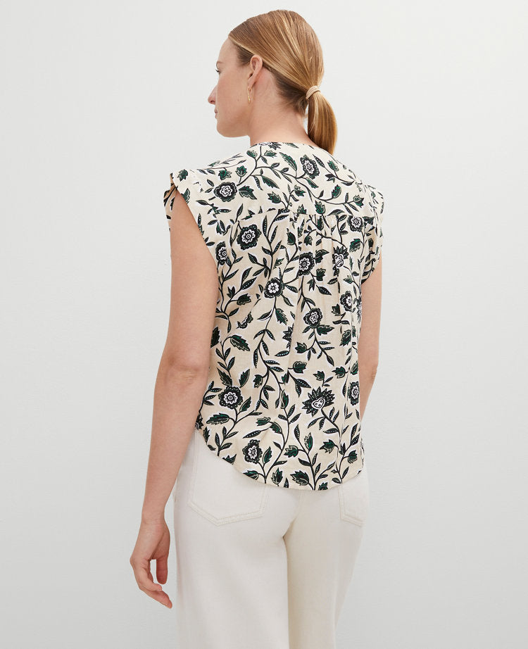 Linen Blend Floral Pintucked Top