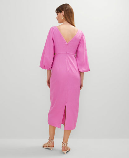 Linen Blend Puff Sleeve Midi Dress